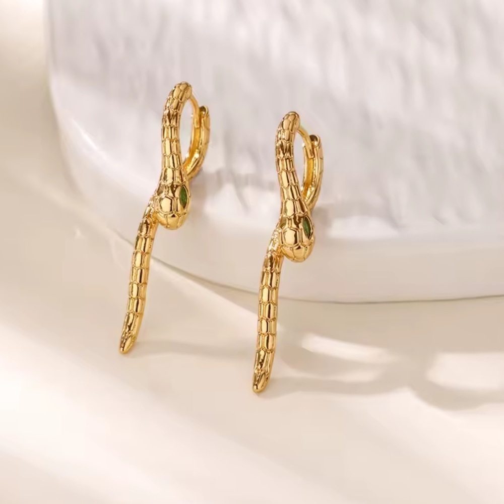 Serpent Snake 18k Gold Stainless Steel Drop Earrings With Green Eyes
